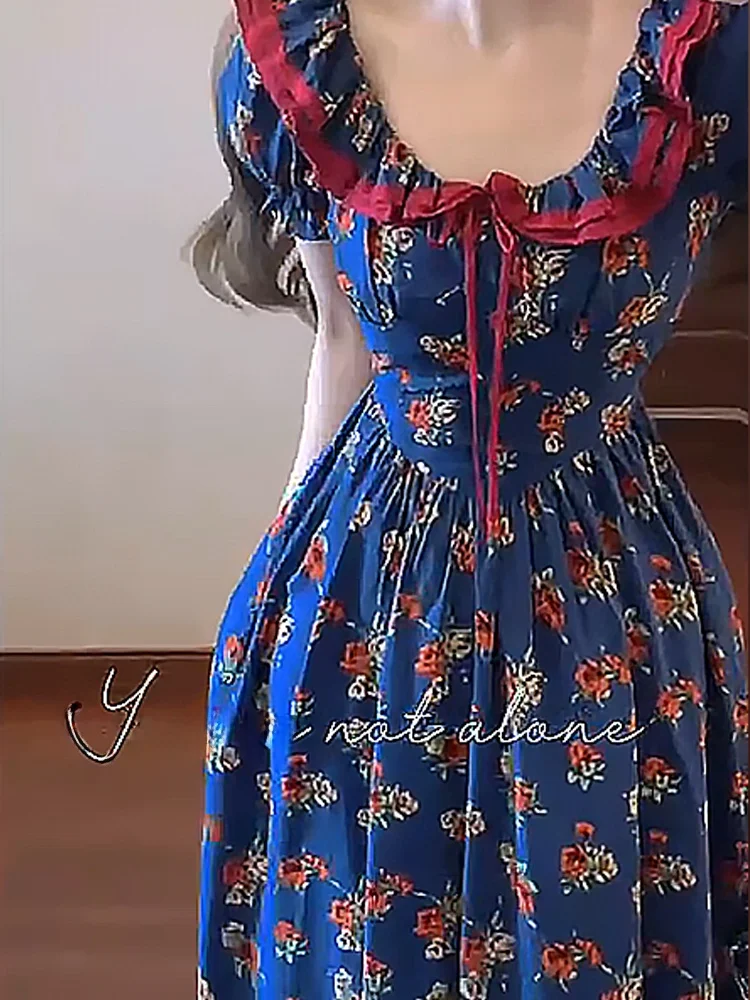 

Blue Floral Print Summer New Sle Dr Beach Vaion Waist-Cinching Long Skirt plus Size Women Ele Commute Sle Dr