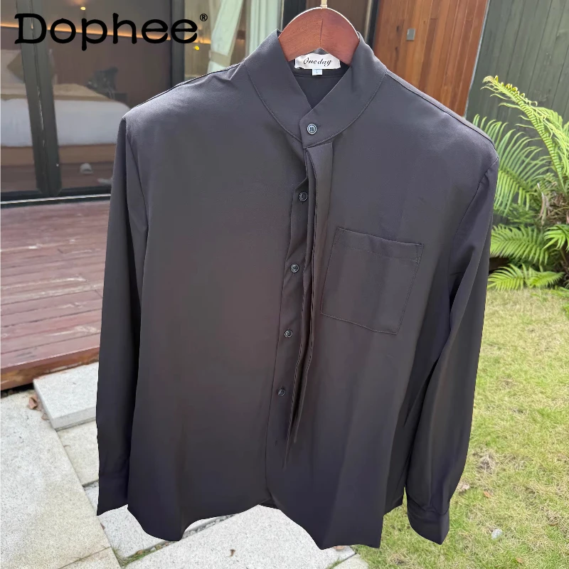 

Модные мужские рубашки с воротником-стойкой и завязками, весна 2026, новые свободные топы, простые трендовые рубашки с отстегивающимися подплечниками, с длинным рукавом