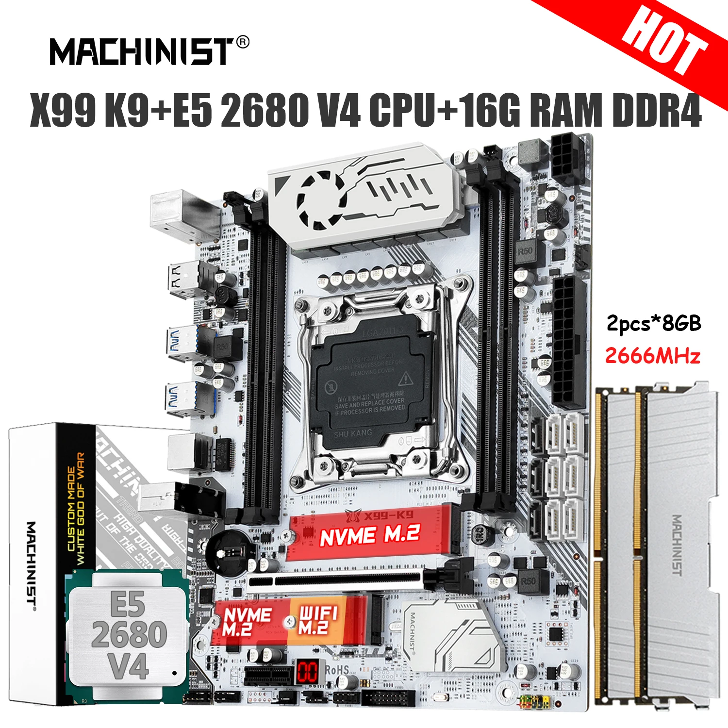 MACHINIST K9 X99 Motherboard Combo LGA 2011-3 Xeon E5 2680 V4 Kit CPU DDR4 RAM 16GB 2666MHz Memory Four Channel SSD NVME USB 3.0