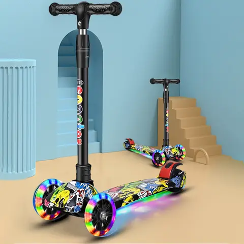 Foldable Kick Scooter Light-Up Wheels 3 Wheel Scooter Adjustable Height Kids Push Scooter Lean To Steer for Children Ages 2-10