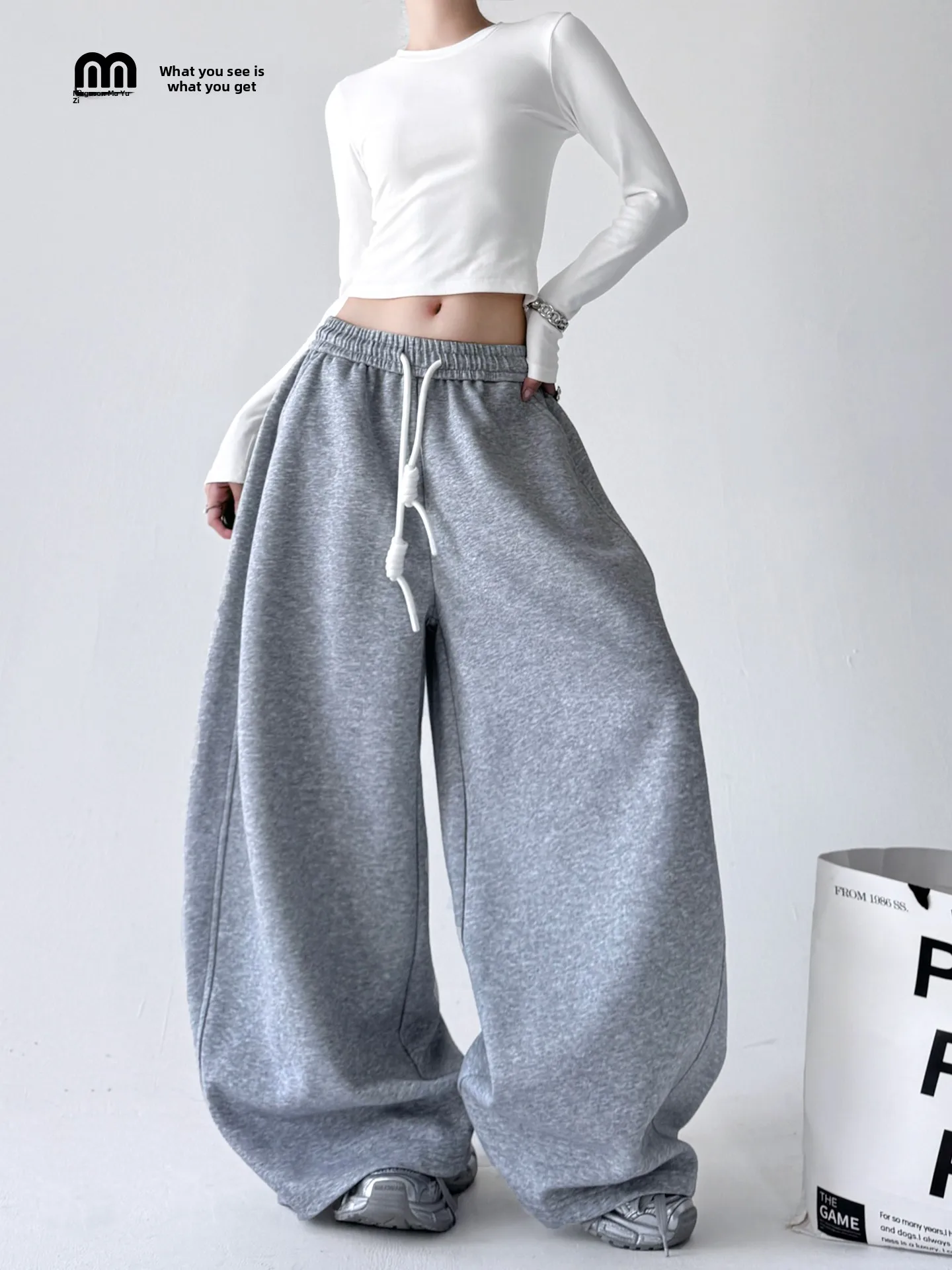 بنطلون نسائي عصري بخصر عالٍ وساق واسعة، سروال فضفاض غير رسمي على الطراز الكوري، موضة الخريف، مقاسات كبيرة، قصة مستقيمة