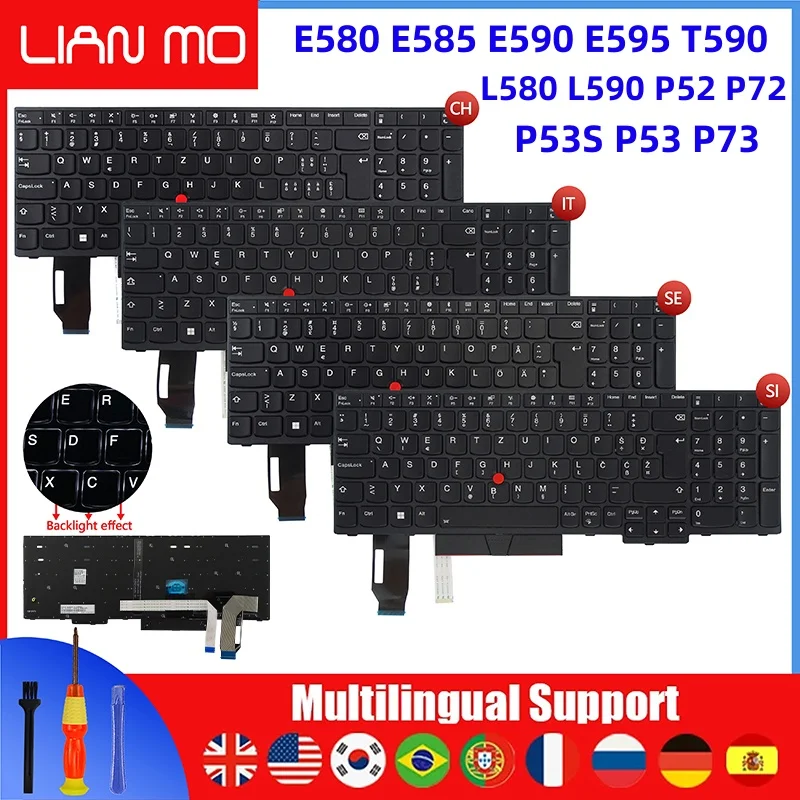 

Итальянская/Swedish/Slovenian/Switzerland Клавиатура с подсветкой для Lenovo E580 E585 E590 E595 T590 P53S L580 L590 P52 P72 P53 P73