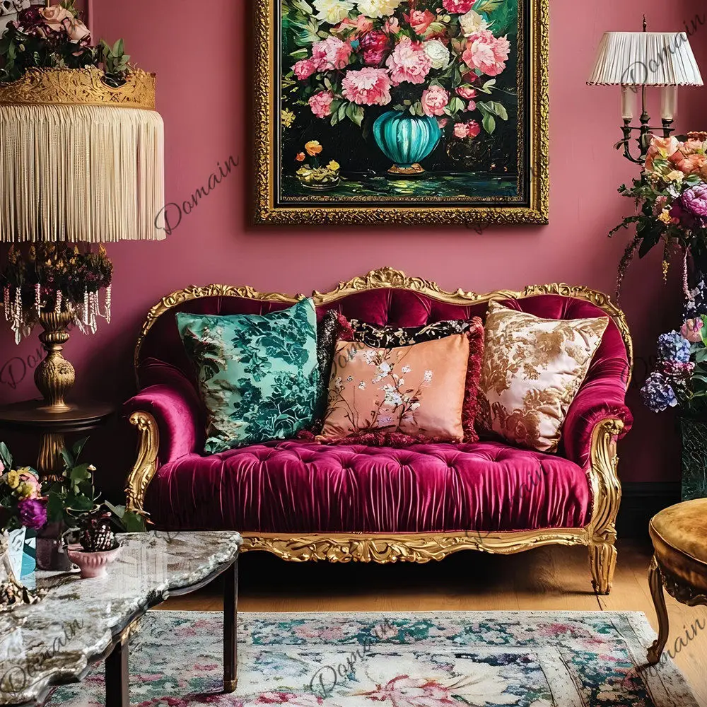 French vintage gold three-seater sofa, solid wood American double sofa, hotel guesthouse, photo studio sofa