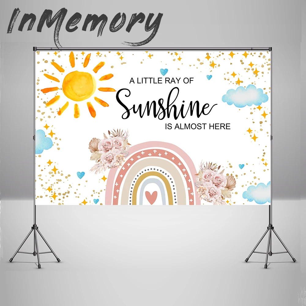 Boho Rainbow Baby Shower Backdrop A Little Ray of Sunshine is Almost Here Baby Shower Party Wall Decor Boho Pampas Background