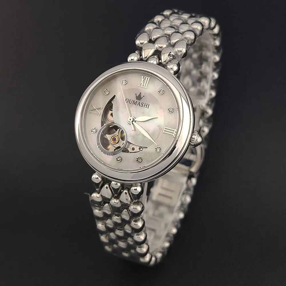 Reloj de mujer ligero de lujo de negocios dorado de acero inoxidable a la moda para mujer. Maquinaria automática Relojes Reloj femenino Reloj de pulsera