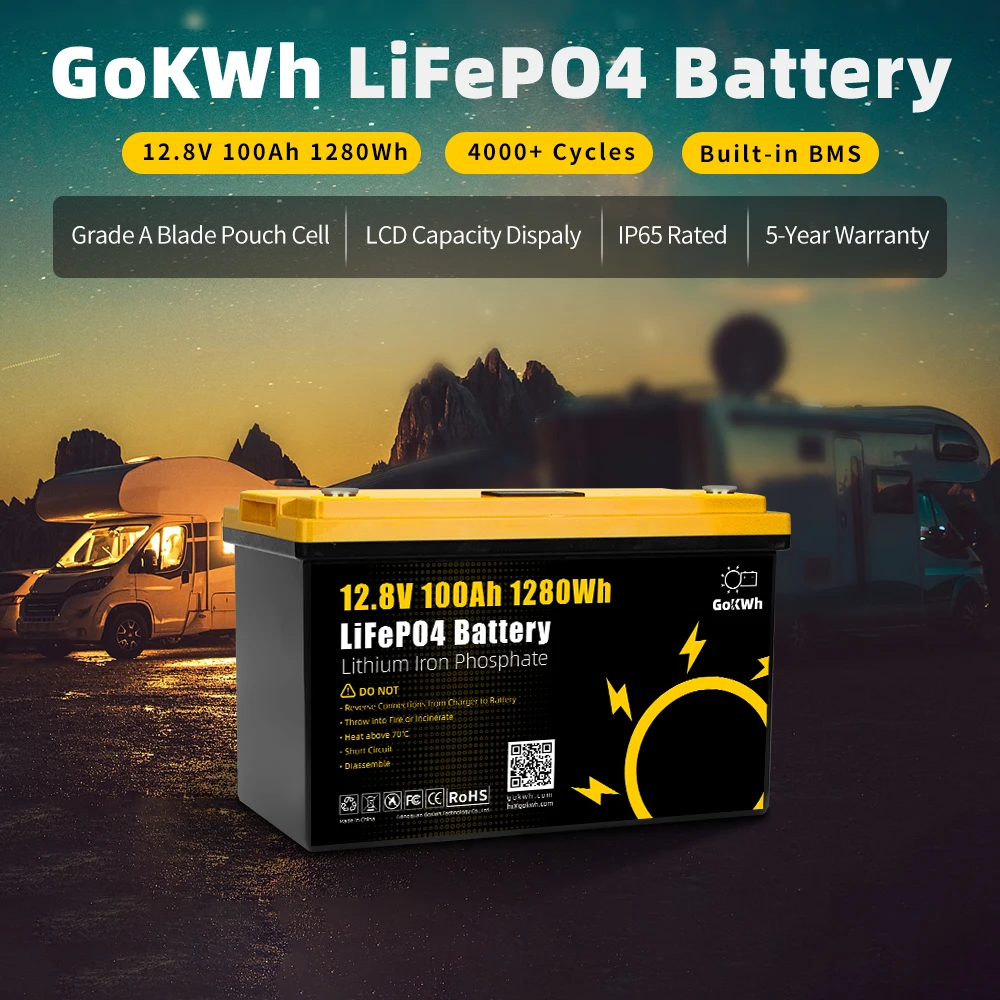 GoKWh 12.8V 100Ah LiFePO4 Battery 100% Capacity 4000+ Cycles LFP Cell Batteries Built-in 200A BMS For RV Boat Golf Cart Forklift