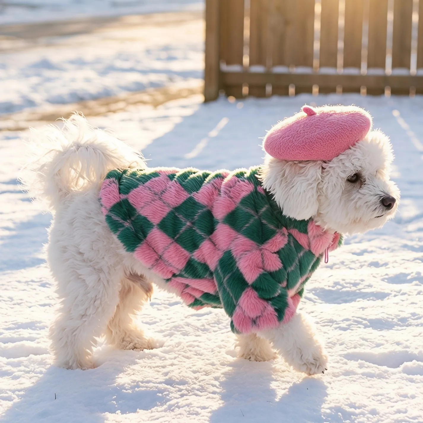 Dog Two Leg Coat, Retro Diamond Pattern Rabbit Plush Back Zipper Cardigan Coat, Soft and Thick Warm Pet Top