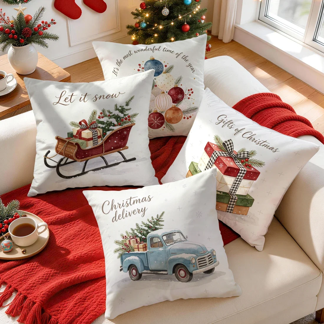 1/4pcs Sled Gift Truck Pattern Cushions Pillowcase Polyester Cushion Cover Throw Pillow Pillowcover Home Car Sofa Decor