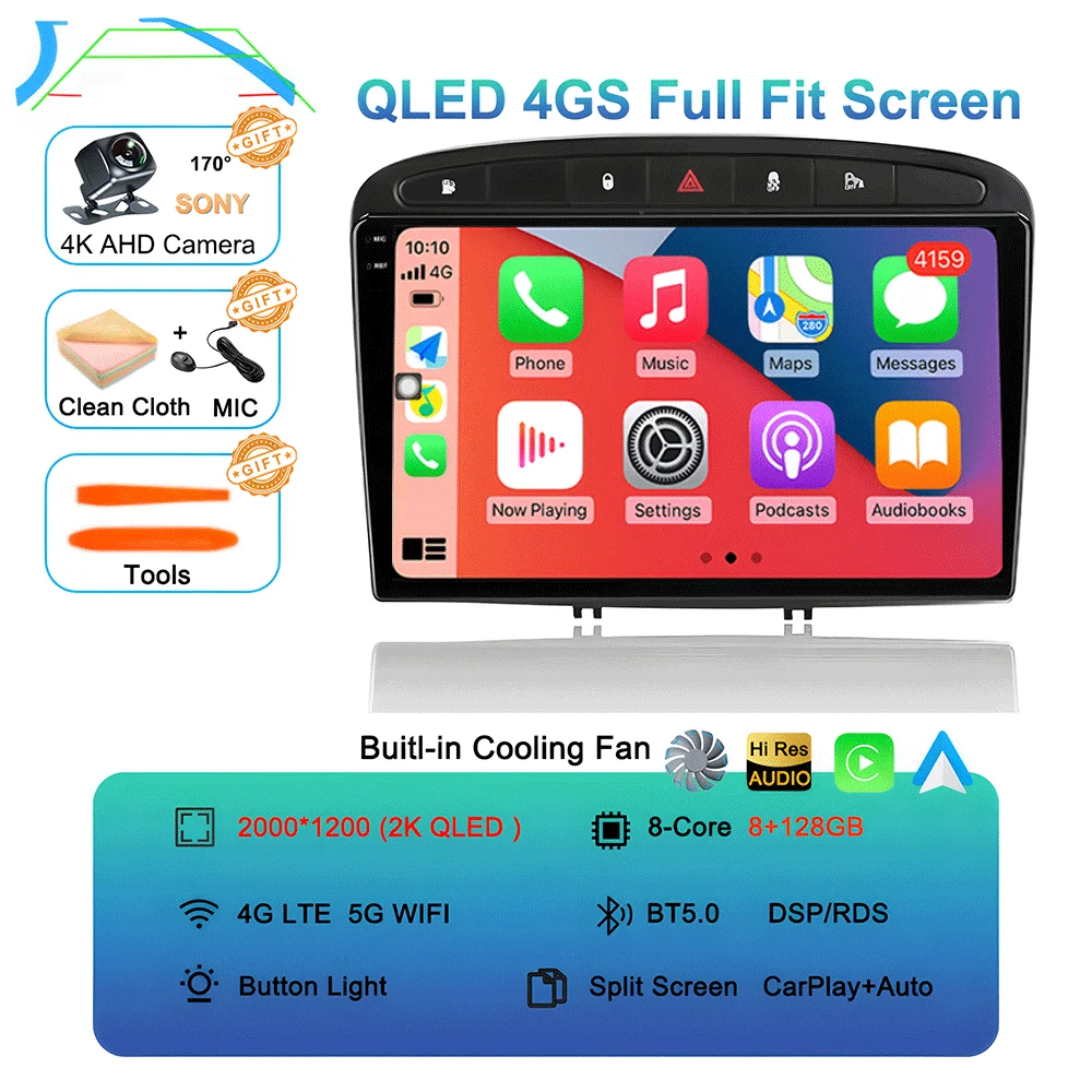 Inefala Autoradio Android 13 Para Peugeot 308/408 (2007-2015): Pantalla 9" Con Wireless Carplay, GPS Y Cámara
