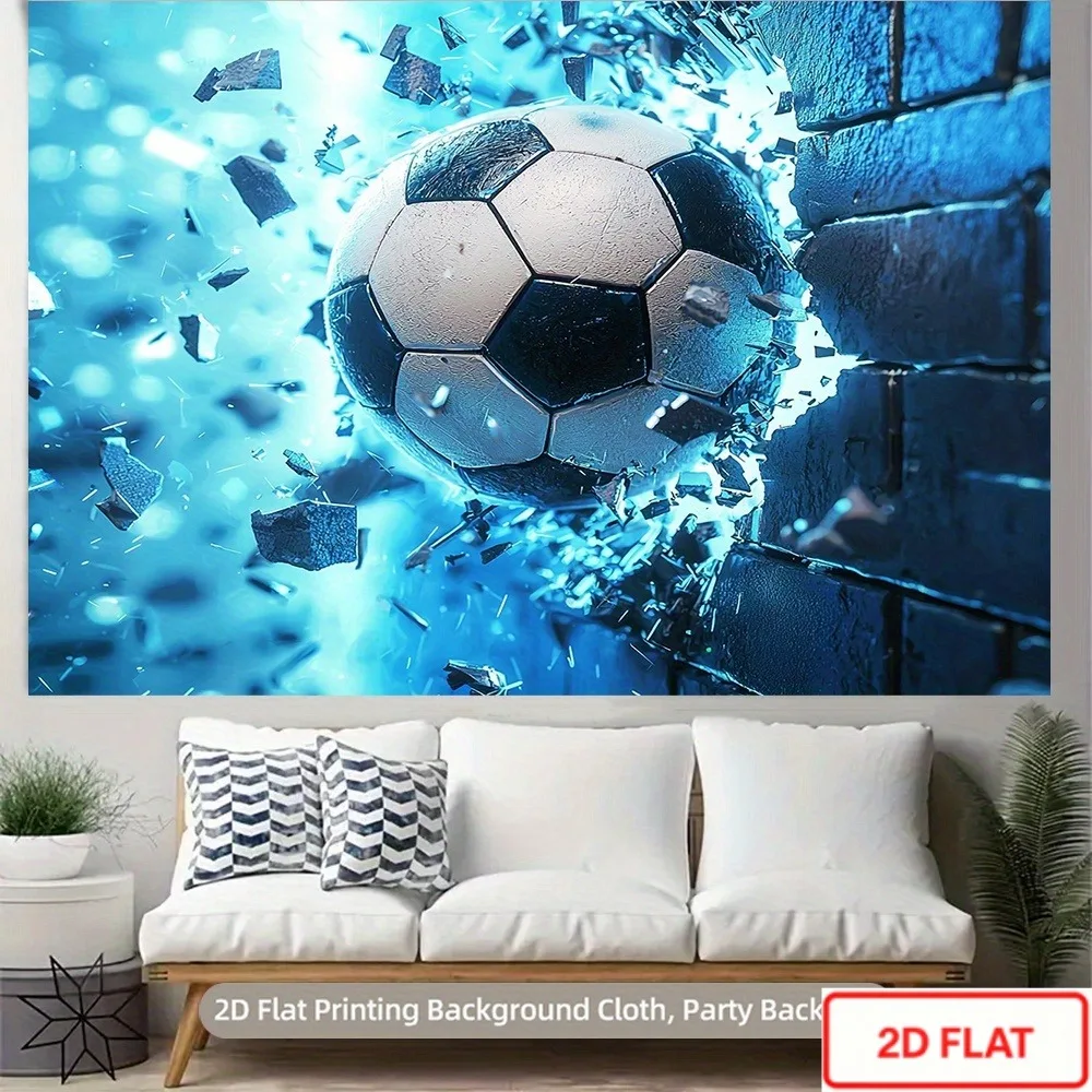 Soccer Ball Tapestry, 3D Breaking Wall Art Wall Hanging, Blue Energy Effect Decor, Boys Room Sport Backdrop, Football Fan Gift