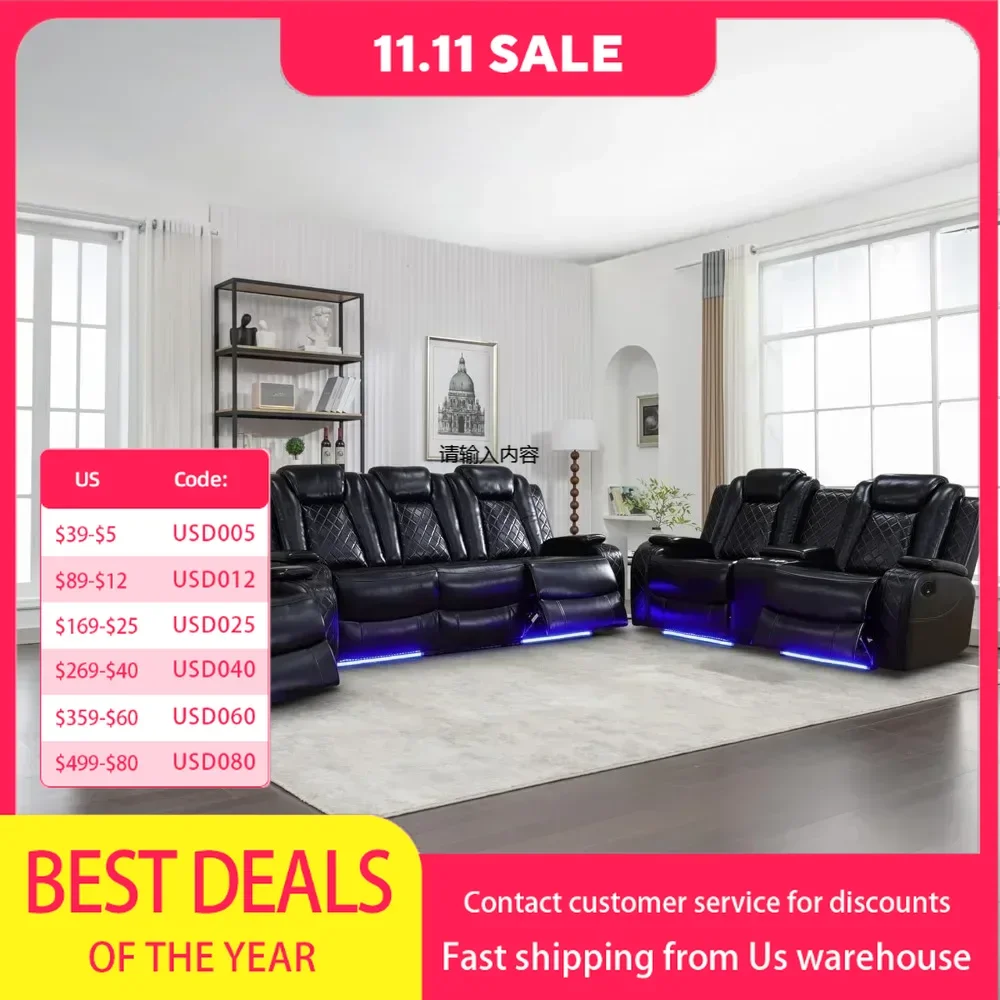 Recliner Sofa Set with LED Lights,Leather Living Room Furniture Set with USB Port/Storage Console/Cup Holders,Reclining Sofa Set