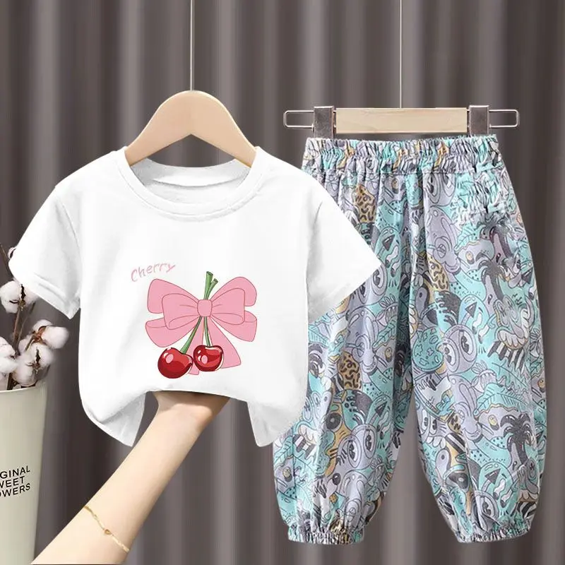 Children\'s Clothing Sets Cherry Print Bow Short Sleeve Top + Floral Printed Trousers Kids Clothes Boys Girls for 2 To 8 Years