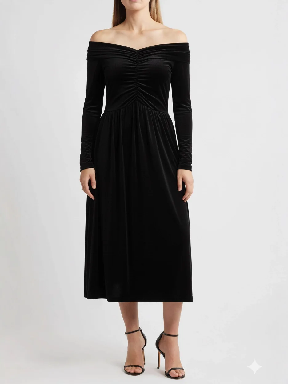 Damska czarna aksamitna sukienka midi z odkrytymi ramionami, długim rękawem, marszczeniami w talii, elegancka, codzienna, na imprezę.