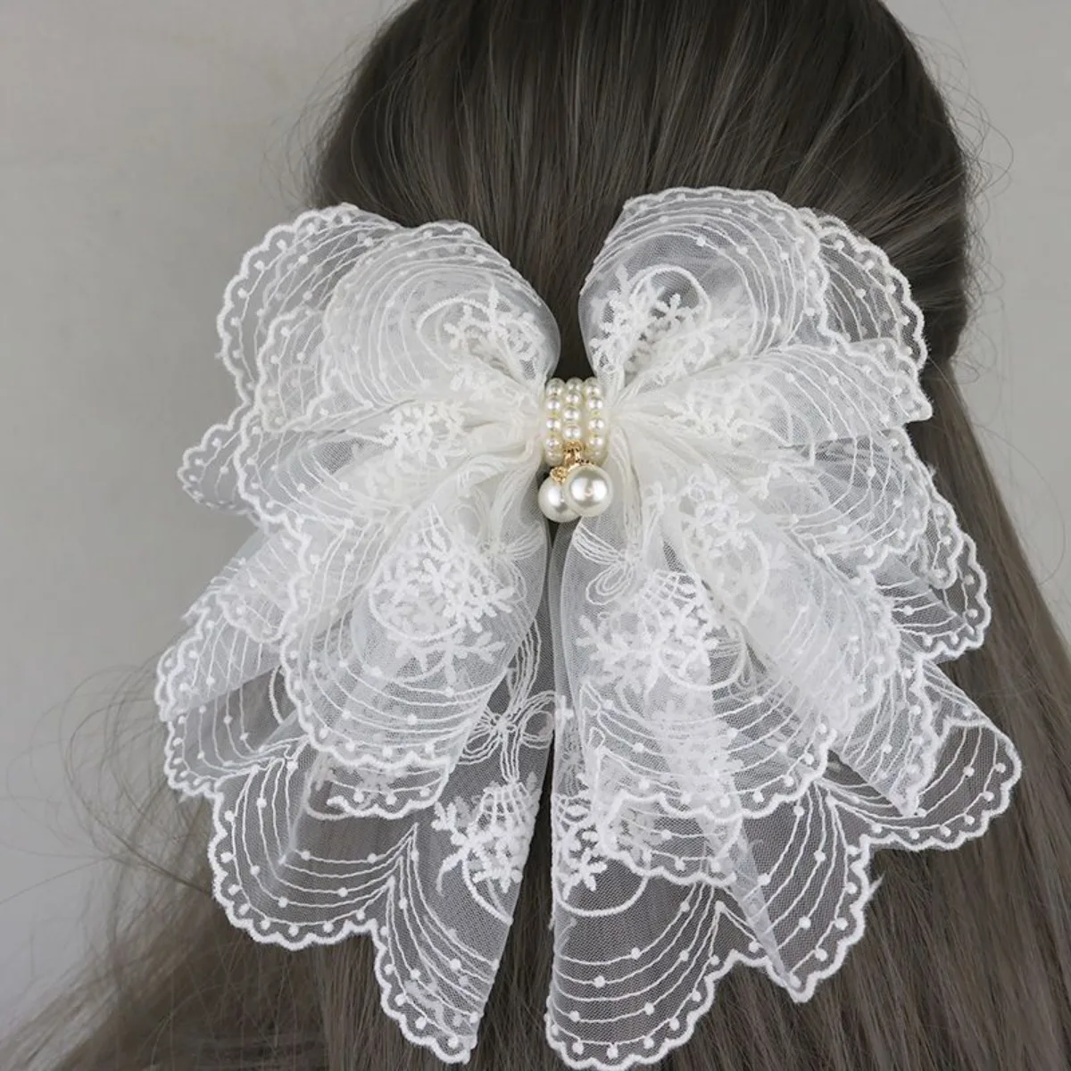 

Korean Women Hair Accessories Elegant Lace Large Bow Hair Clip Back Head Fairy Forest Style Top Clip Ponytail Clip