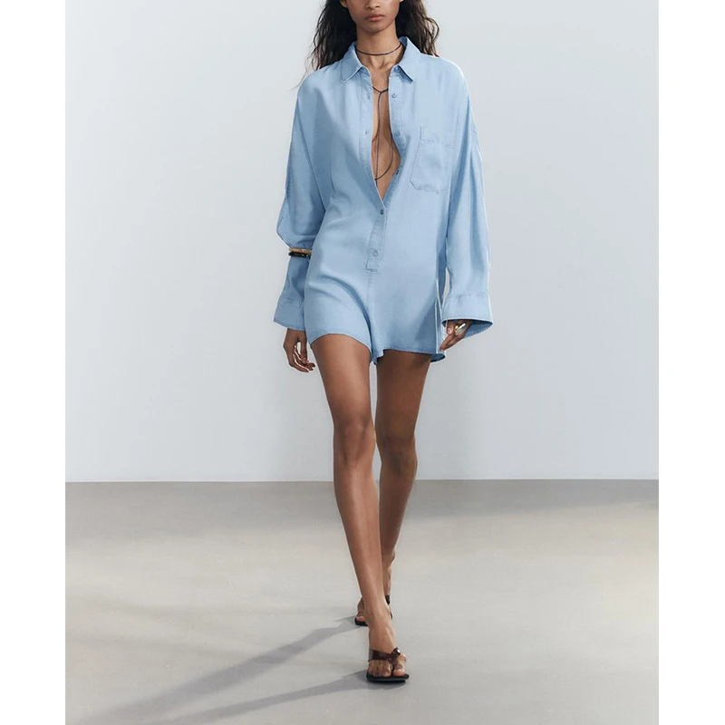 Spring Summer New Women's Pleated Decorative Collar Long Sve ort Denim Overall Pants High Waist Straight Leg Commute Sle