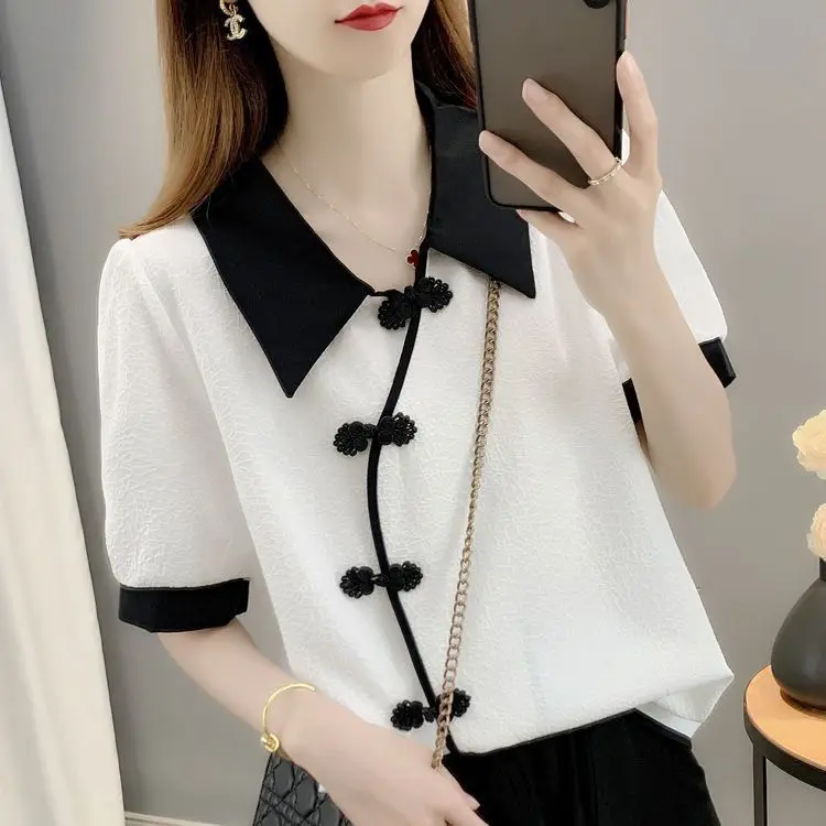 

Modified ort Sve Chiffon T-irt Loose Women's Top Korean Sle Commute Wind Summer New Arrival Anti-Aging Sli...