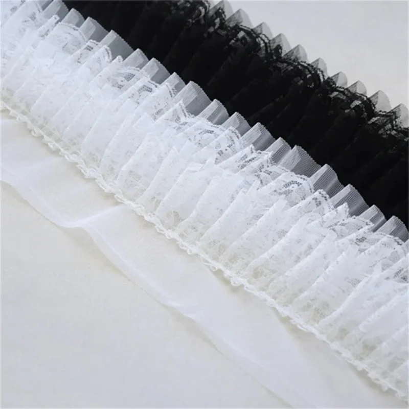 12CM Wide Four Layers White Black Tulle Mesh Embroidery Guipure Lace Ruffle Trim Princess Dolls Fluffy Dress Fringe Sewing Decor