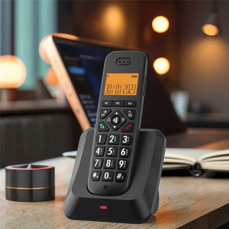A53M-Large Button Digital Cordless Phone D1011 With LCD Display, Easy Use For Business And Home(Landline) For US Black US Plug