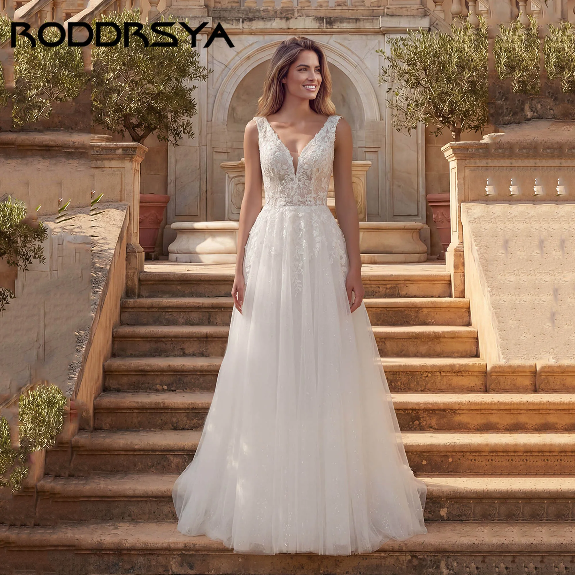 

RODDRSY Wide Sleeves A-line Vintage Bridal Dress Shiny Tulle Appliques V-neck Wedding Gowns V-back vestidos de novia Customized