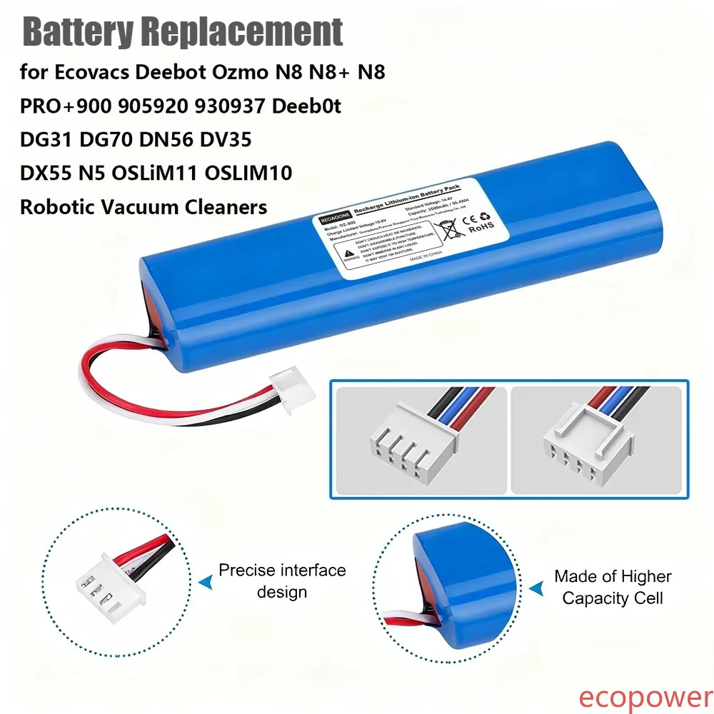 Brand New Ecovacs Deebot N8 N8 Pro N8+ Ozmo 920 930 937 Robot Vacuum Battery 14.4V 3500mAh, Li-ion Pack, Durable Power Supply
