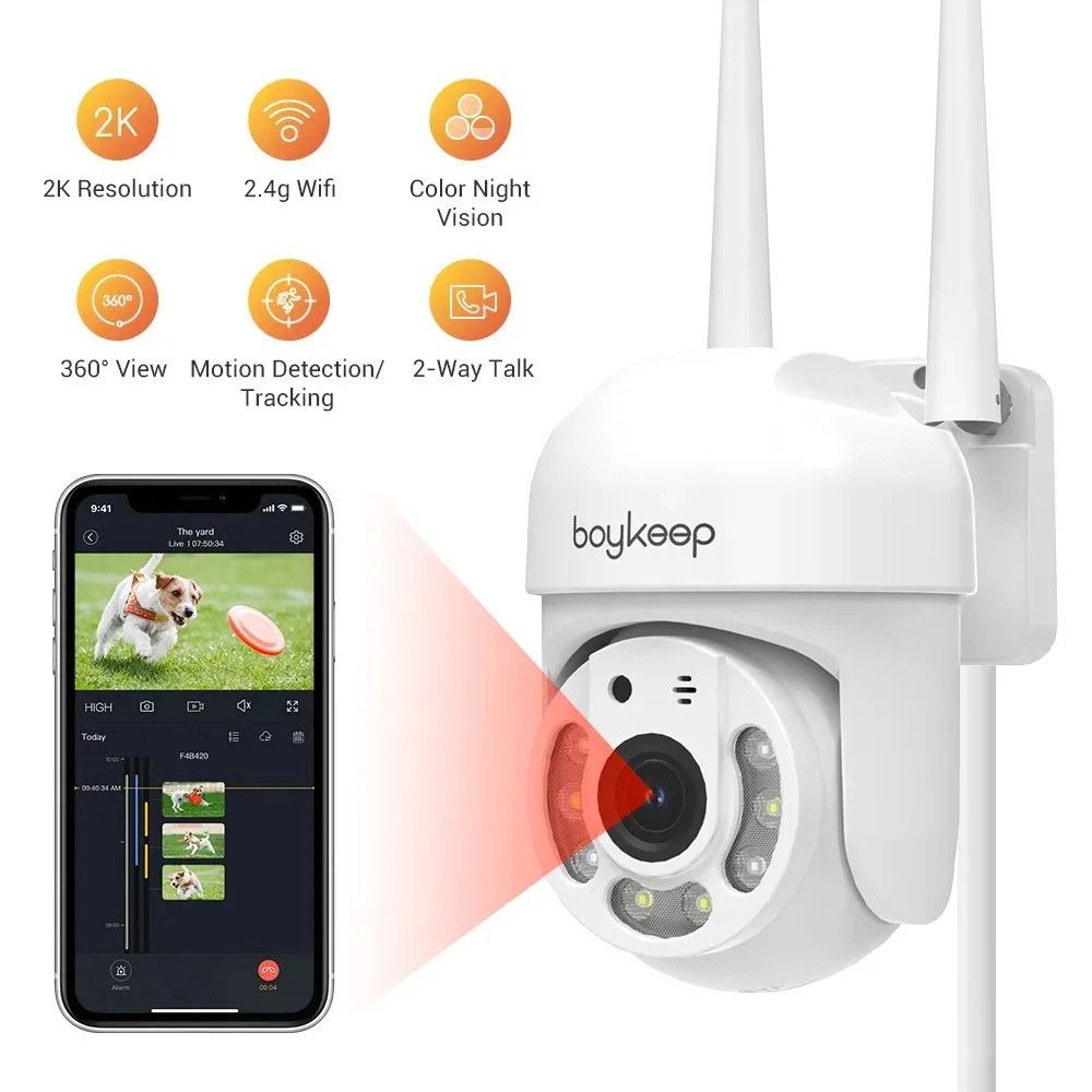 Boykeep 2K Wifi Outdoor Home Security Camera, 360° View Pan/Tilt Camera Outside, Color Night Vision, Motion Detection/Tracking