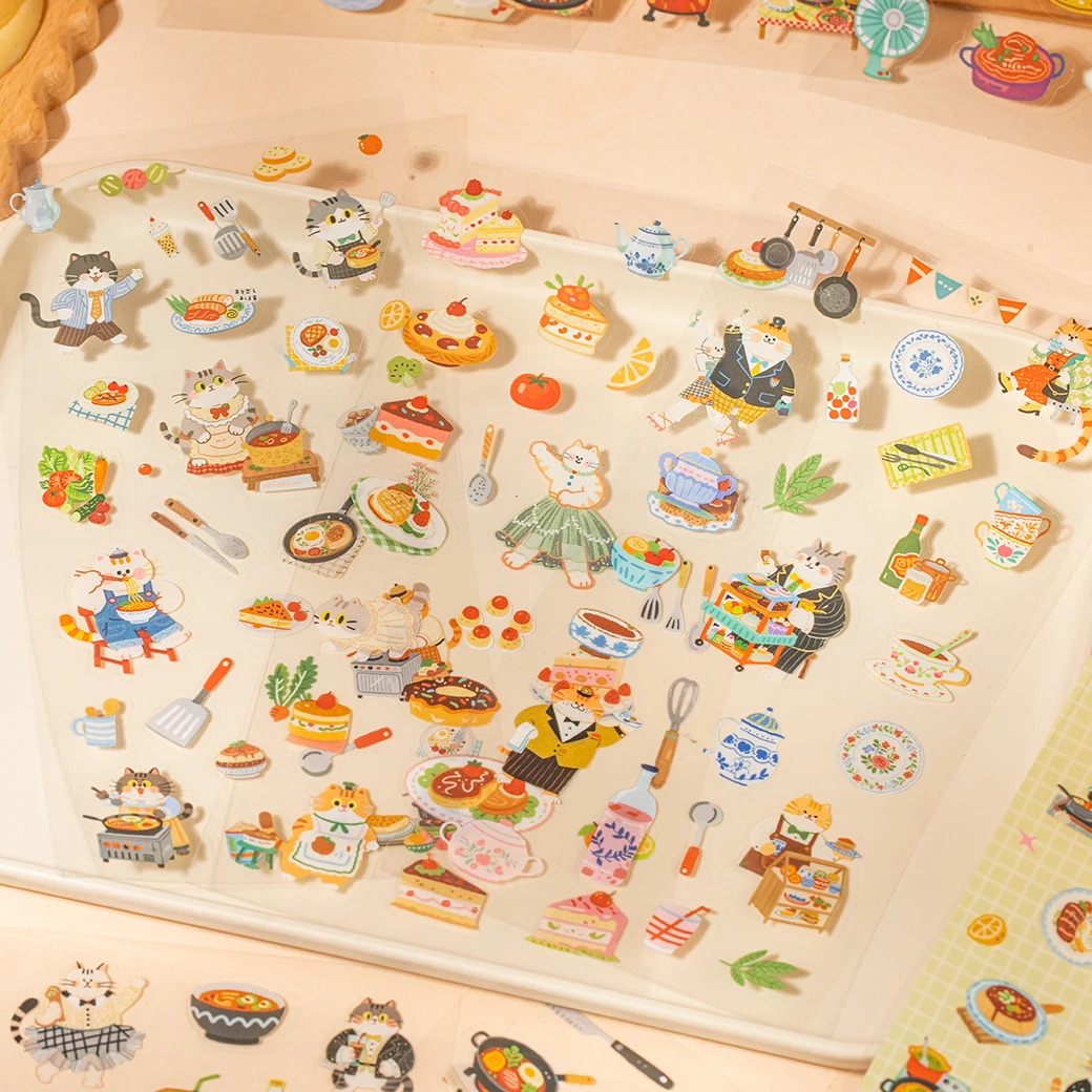2sheets/pack Cat Food Diary Series Kawaii Cartoon Die Cut Stickers Creative Patterns DIY Diary Scrapbook Aesthetics Stationery
