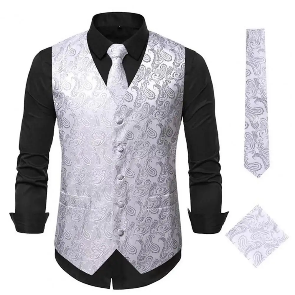 Men Party Vest Stylish Retro Groom Wedding Waistcoat with Printed V Neck Slim Fit Pocket Square for Men's Suit Vest