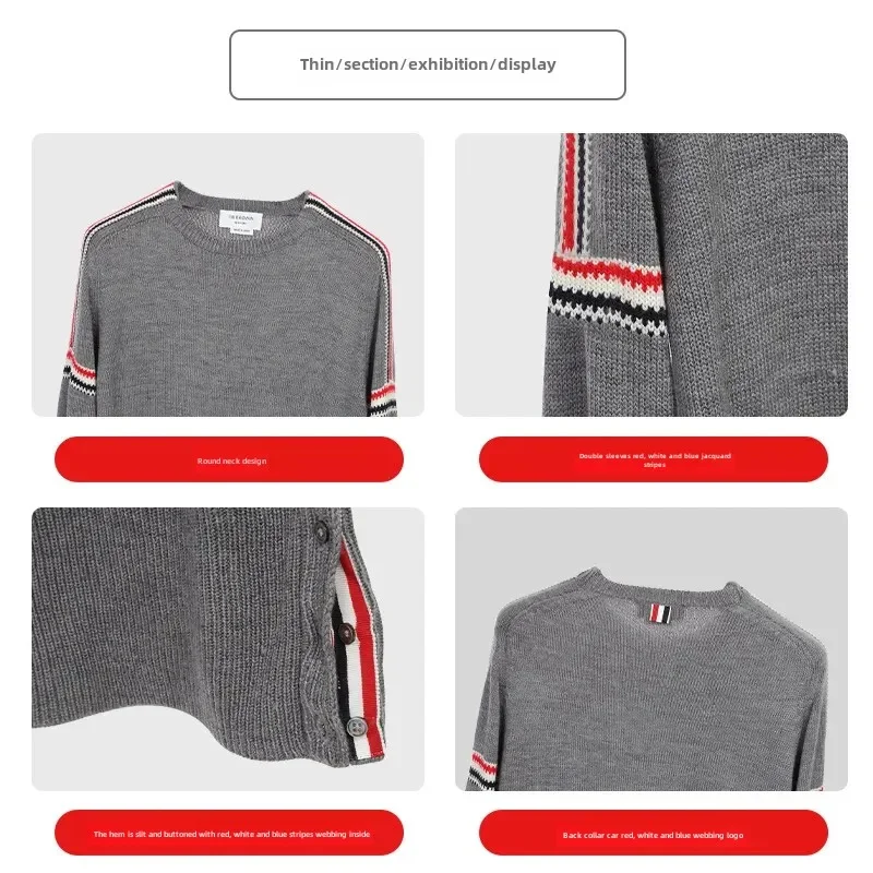 Tb Browin New Autumn/winter Knitted Sweater Red/white/blue Striped Base Layer Casual Style Crew Neck Pullover