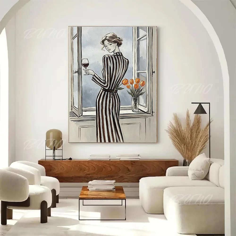 100% Handmade Hand-painted Abstract Oil Painting Original Wine Lady Tulip Canvas Wall Art For Home Living Room Bedroom Decor