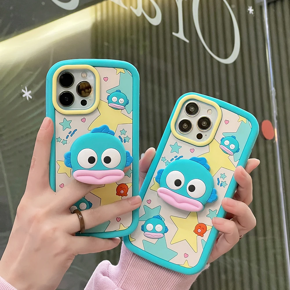 3D Cartoon Sanrios Hangyodon Telescopic Bracket Phone Case for IPhone 15 14 13 12 11 Pro Max Soft Silicone Back Cover Gift