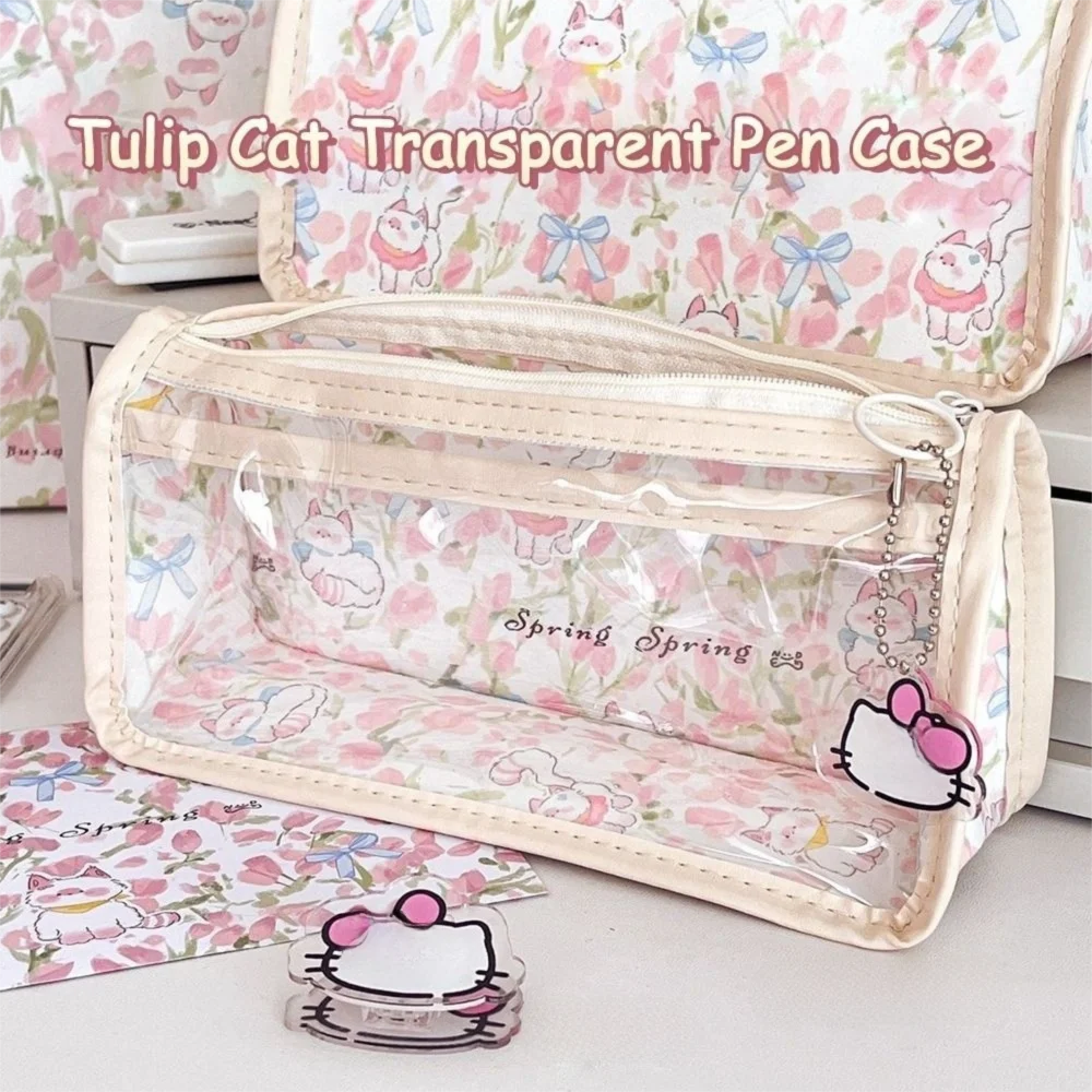 

Cartoon Cute Tulip Cat Bow Pencil Case Transparent Large Capacity Stationery Bag Triangle Pencil Bag School Supplies