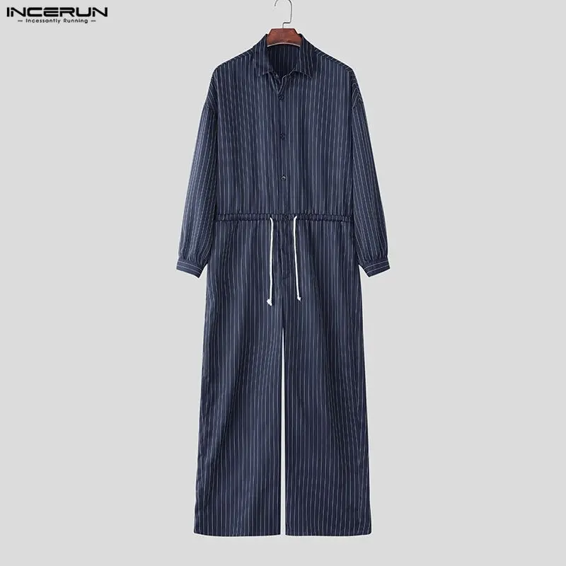INCERUN Men Jumpsuits Striped Lapel Long Sleeve Drawstring Joggers Rompers Streetwear Loose Fashion Casual Male Overalls Pants