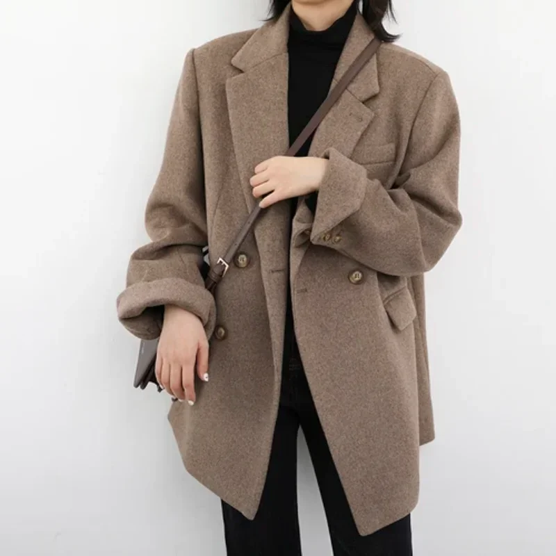 Boreathiman 2024 Women Wool Blend Coat Solid Mid Long Woolen Blazer Thick Warm Blouse Women\'s Lady Autumn Winter Overcoat Tops