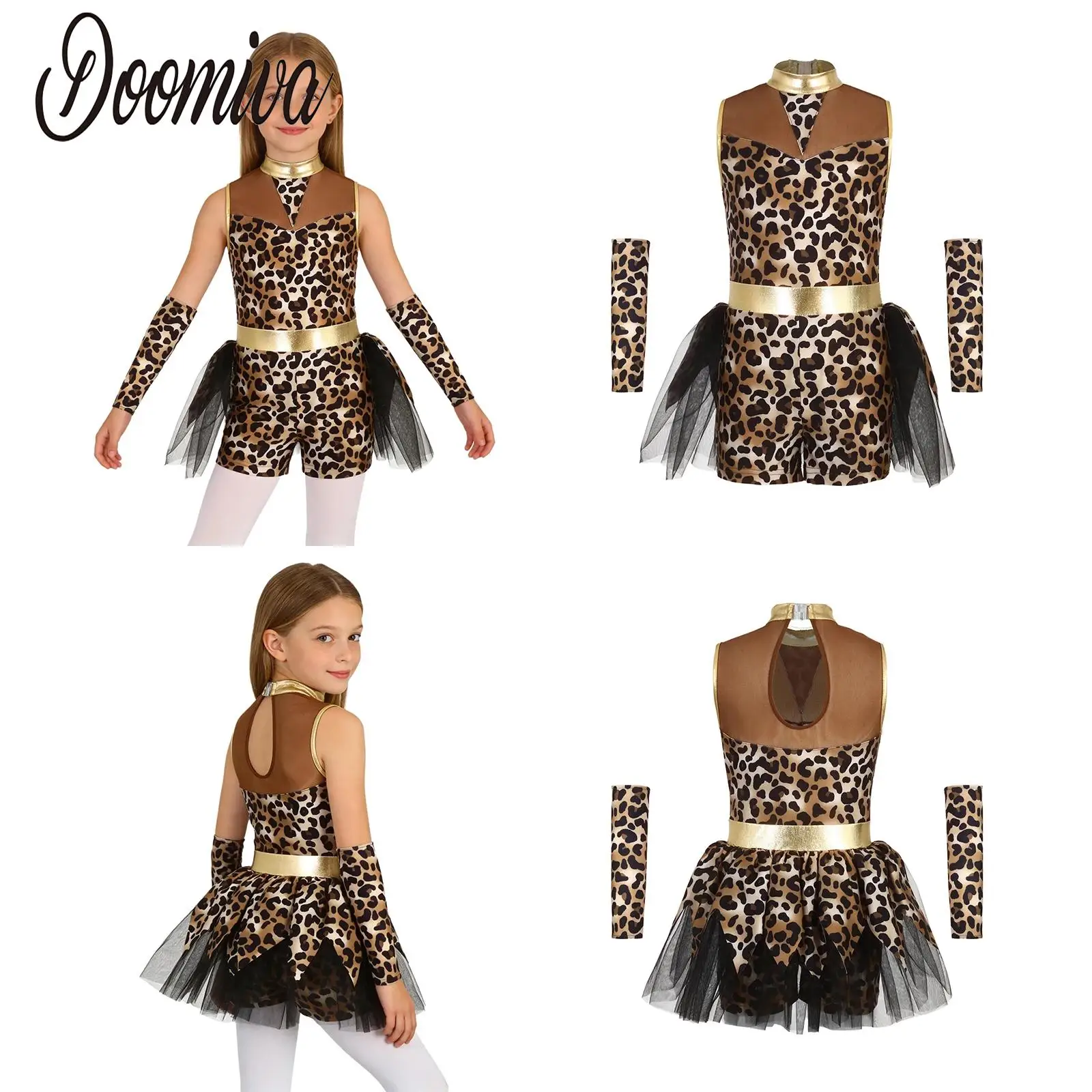 

Kids Girls Leopard Print Jumpsuit Dance Caveman Cosplay Costume And Gloves Sleeveless Mesh Tutu Skirt One-piece for Halloween
