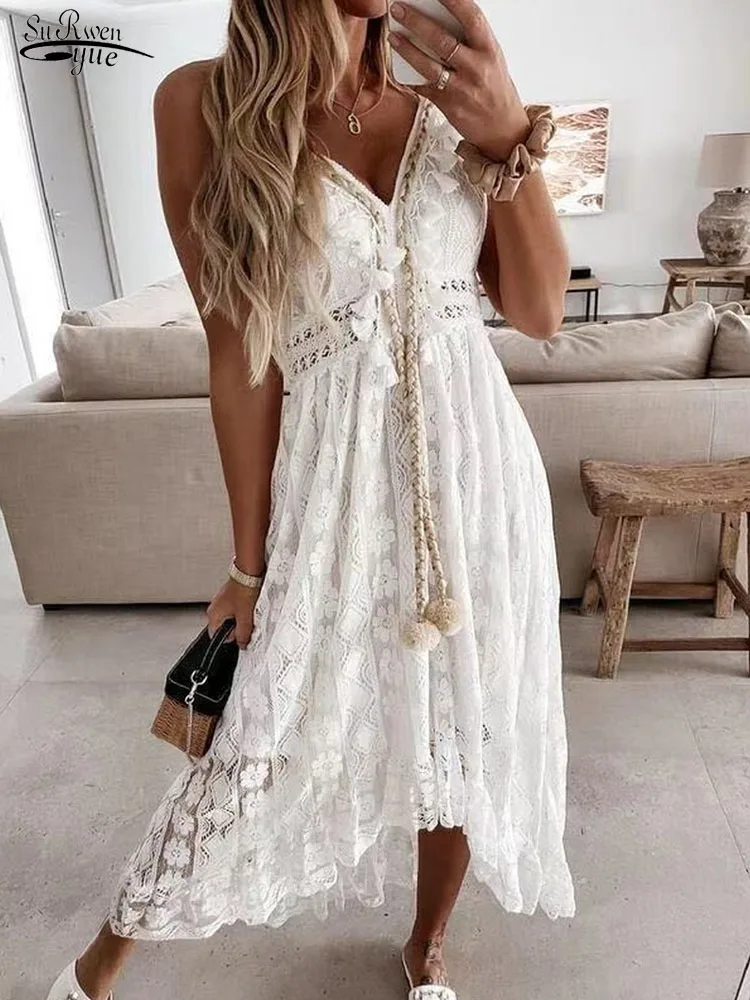 Vestido largo bohemio De encaje para Mujer, tirantes finos con cuello en V y traje elegante, color blanco, verano, 22194