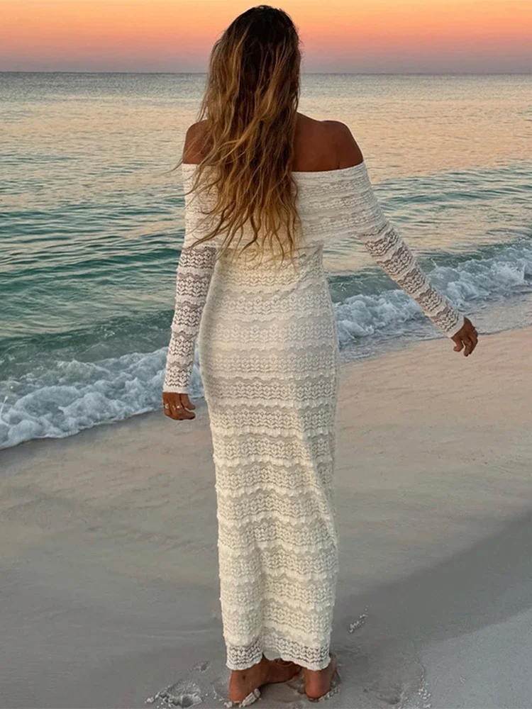 Elegancka sukienka maxi z odkrytymi ramionami, obcisła, modna, patchworkowa, z długim rękawem, dla kobiet, na wakacje na plaży, wyszczuplająca sukienka na imprezę.