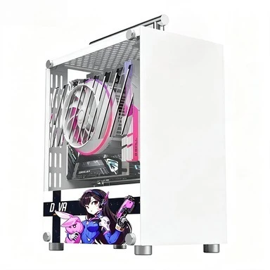 T40 Portable Mini ITX Chassis, White Transparent Panel, Pink‑Blue Appearance, SFX PSU Support