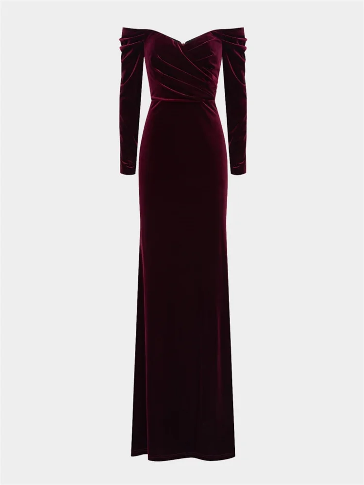 Customized Off Shoulder Neckline Long Sleeves A-Line Velvet Evening Dress Elegant Open Back Zipper Floor Length Gown For Women