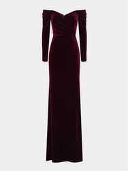 New Arrival Off Shoulder Neckline Long Sleeves A-Line Velvet Evening Dress Elegant Open Back Zipper Floor Length Gown For Women