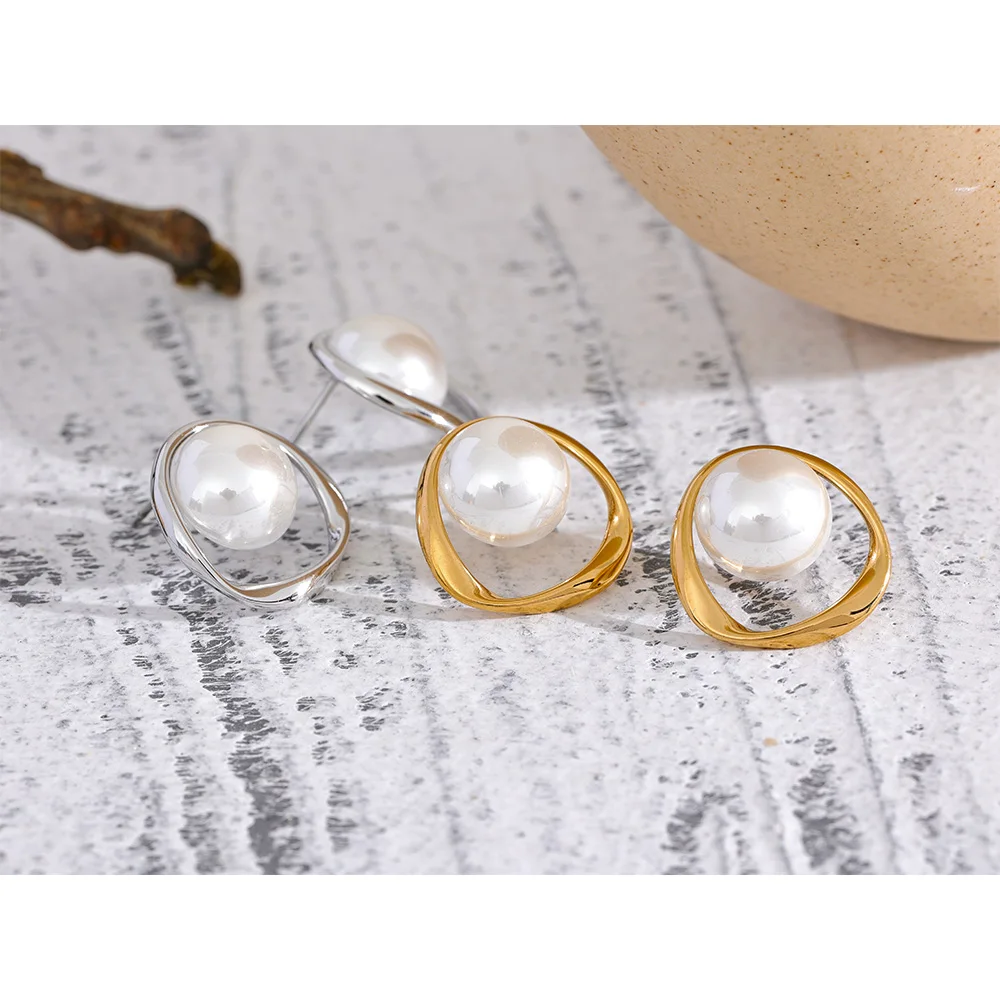 Yhpup Exquisite 316 Stainless Steel Simulated Pearls Round Hollow Stud Earrings Korean Fashion Jewelry for Women Chic Gala Gift