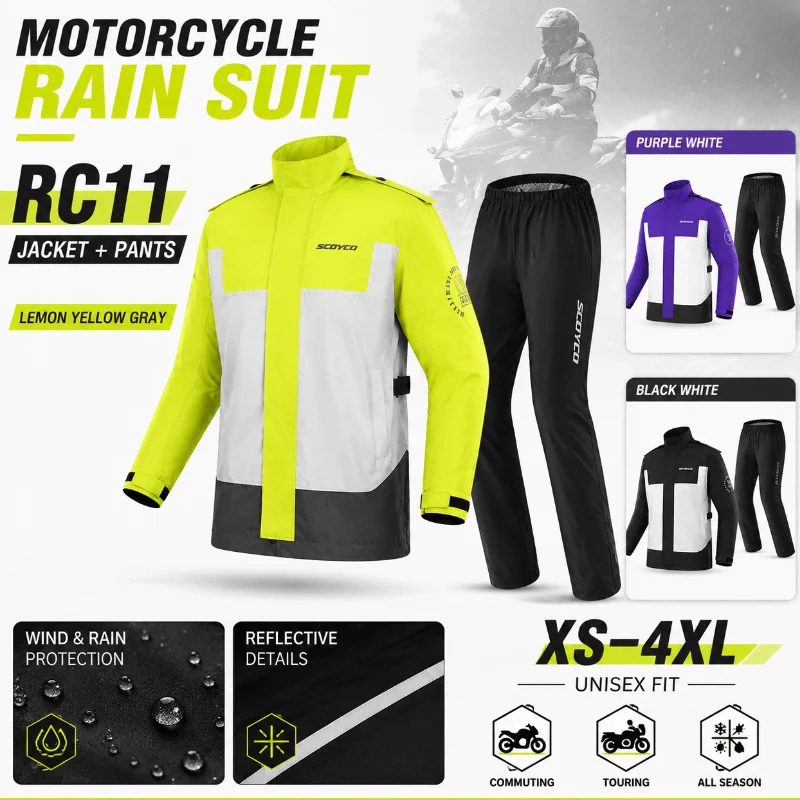 RC11 Motorcycle Rain Suit Men Waterproof Windproof Riding Jacket Pants Set Reflective Commuting Touring Rain Gear
