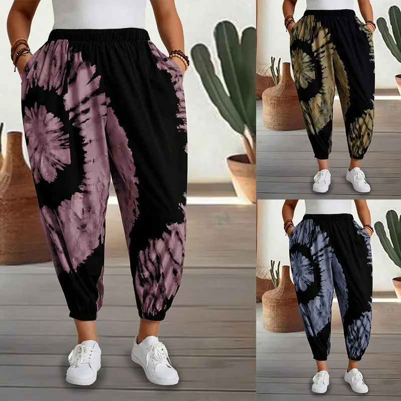 Loose Fashionable Printed Women's Casual Pants Mid-Rise Low-Elasticity Polyester Blend Rock-Style Printed Leggings