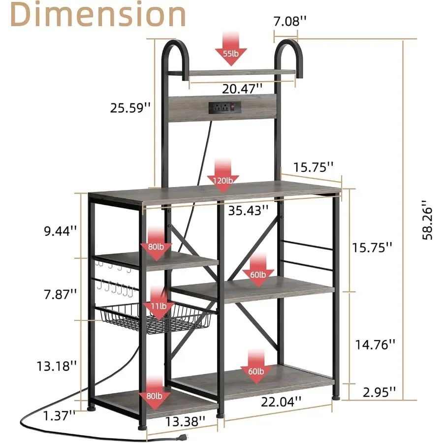 رف الخبازين مع مخرج طاقة وحامل ميكروويف للمطبخ وغرفة المعيشة ورف تخزين 6 طبقات مع 6 خطافات وفكرة سلة سلكية #5