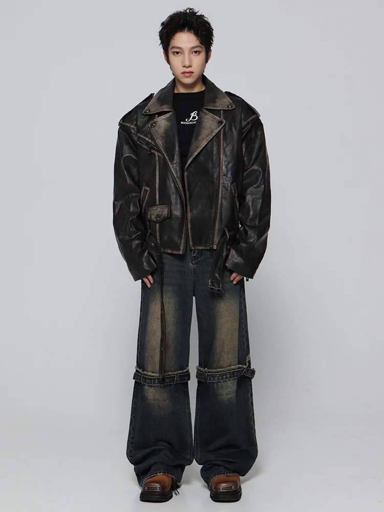 Mauroicardi Spring Cool Handsome Vintage Distressed Black Pu Leather Biker Jacket Men Belt Zipper Loose Unisex Clothes 2024 15 S2ec24cbcbaaa4d66907b28ed8a049f9ev