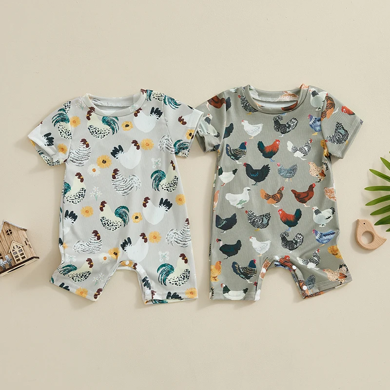 

2024-02-29 Lioraitiin 0-12M Infant Baby Boys Girls Summer Jumpsuit Cartoon Chicken Print Round Neck Short Sleeve Romper