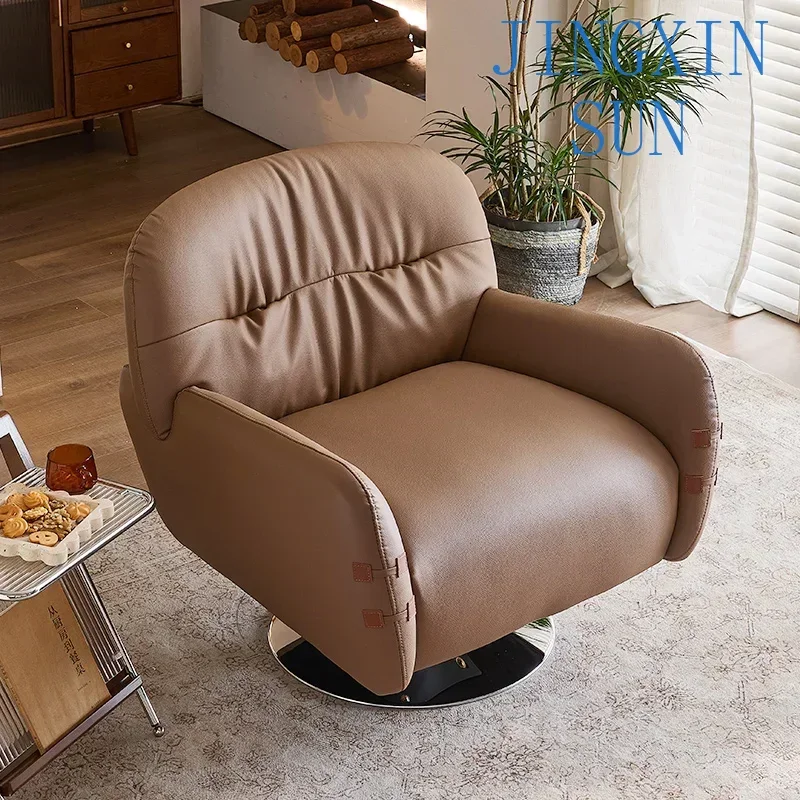 Bedroom Office Leisure Chair Modern Light Luxury Leather Single Sofa Cream Wind Lazy Recliner Couch Living Room Chairs Rotatable