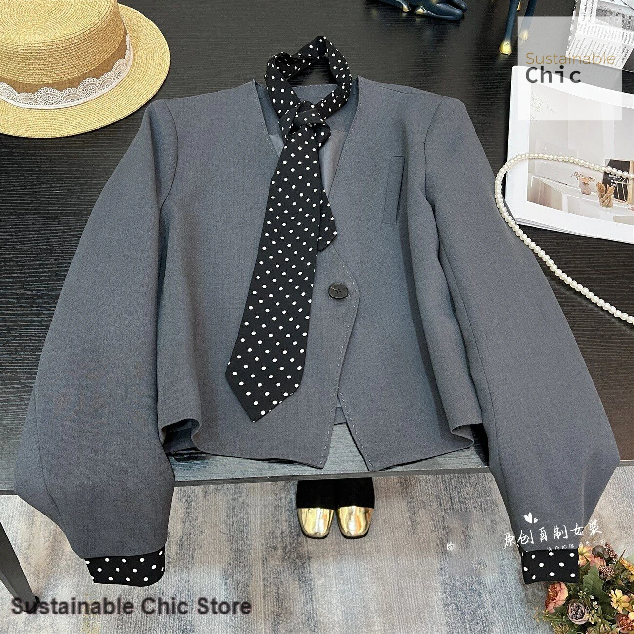 Korean advanced wave point ribbon V-neck contrast stitching coat women's spring and autumn thin fashion temperament suit top