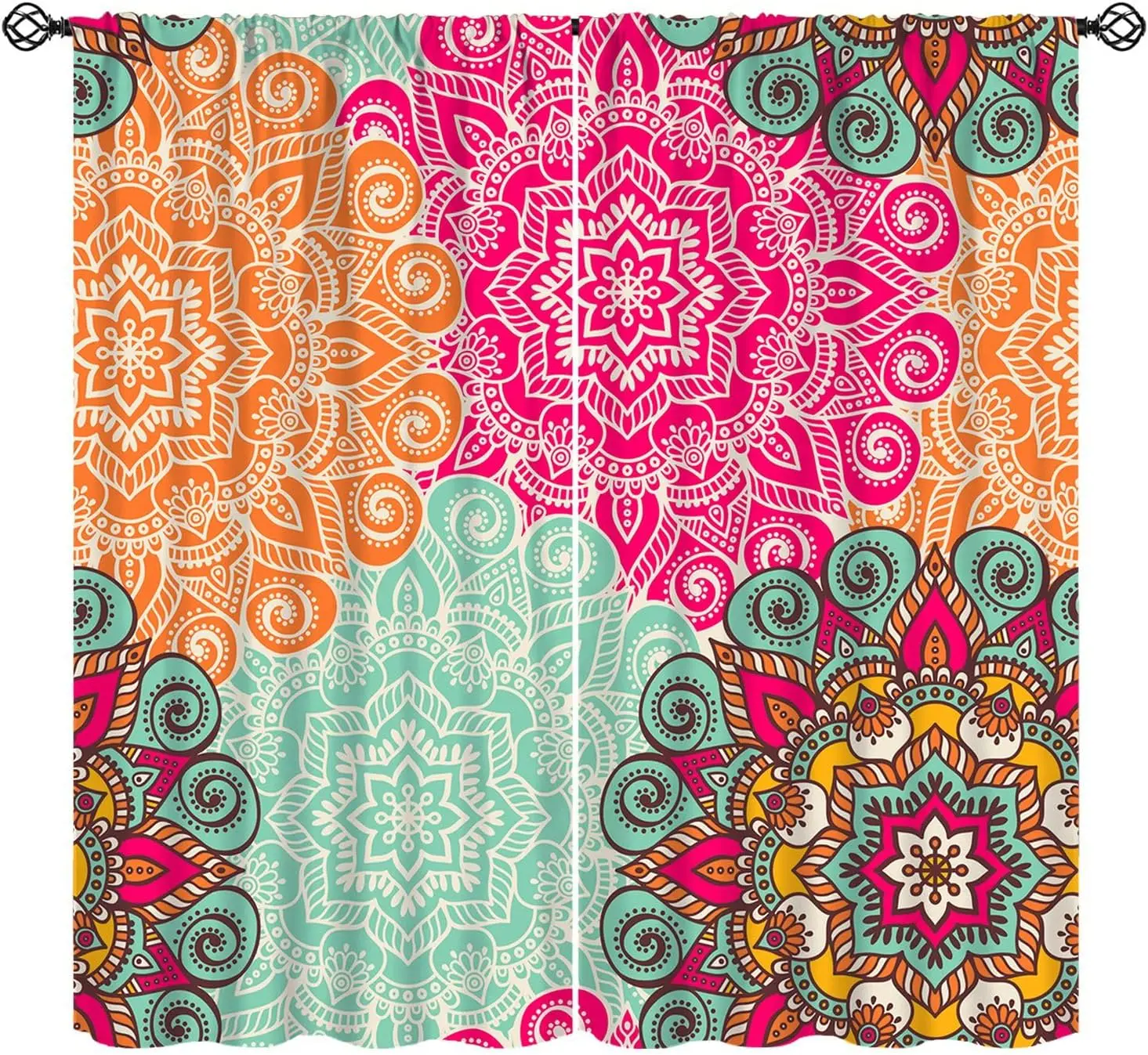 Boho Floral Mandala Blackout Curtains, Bohemian Tropical Flower Abstract Mandala Pattern Window Drapes for Home Bedroom Living