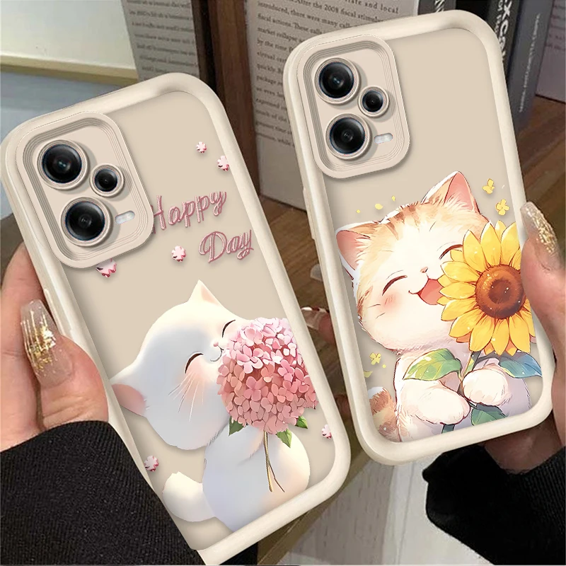 Sunlight White Cat Flower Silicone Case for Xiaomi Redmi Note 13 12 11 Pro Plus 4G 5G 12S 11S 10S 10 9 9S 8 12C 13C A3 Cover