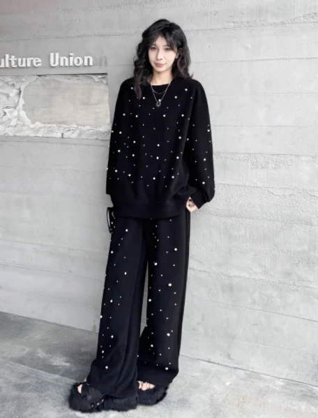 Women's Two-piece Sets 2024 New Bead Fashion Set Feminine Loose Sweatshirts Wide-leg Pants Blingbling Diamond Chic Trousers Sets